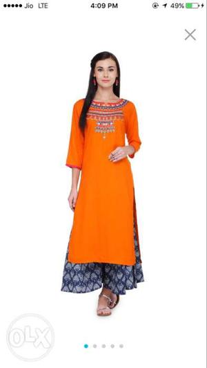 Women's orange embroidered kurti