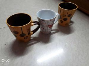 3 Yellow And White Ceramic Mugs