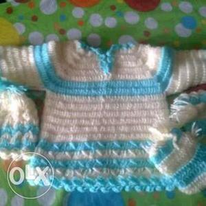 Baby's White And Blue Knitted Shirt; Gloves; Knit Hat