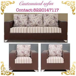 Beige And Brown Floral 3-seat Sofa