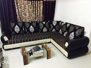 Black And White Suede Striped Floral Corner Sofa