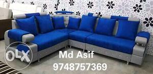 Blue And Grey Fabric Sectional Sofa