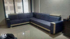 Blue Suede L-sectional Sofa