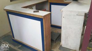 Brown, Blue And White Wooden Counter