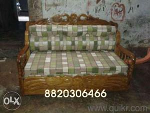 Brown Wooden Framed Green And White Padded Checked Sofa