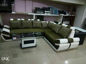 Green And White Fabric Sectional Sofa With Throw Pillows
