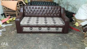 Tufted Brown And Grey Fabric Seat Padded Sofa