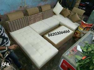 Tufted White Padded Sectional Sofa And Ottoman Chair Set