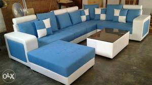 White And Blue Fabric Sectional Sofa Set