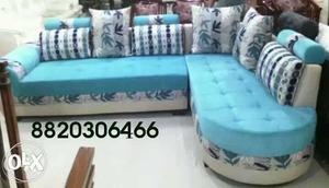 White And Teal Suede Tufted Sectional Couch