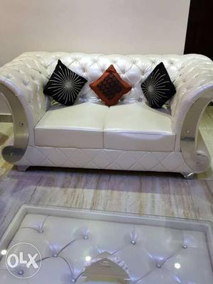 White Leather Chesterfield Loveseat With Throw Pillows
