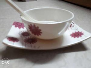 White-and-pink Floral Ceramic Bowl With Plate