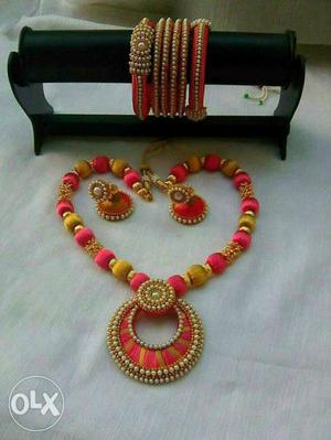 Beige And Red Silk Thread Necklace