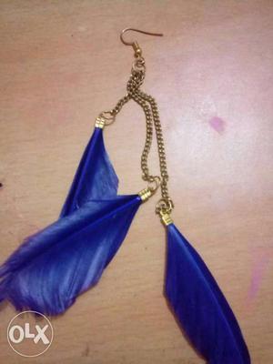Blue Feather Gold Hook Earring