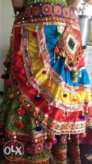Blue, Yellow And Pink Fringed Traditional Dress