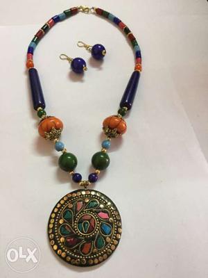 Orange, Green, And Blue Beaded Necklace And Pair Of Blue