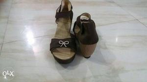 Pair Of Brown Sling Back Bow Accent Wedge Sandals