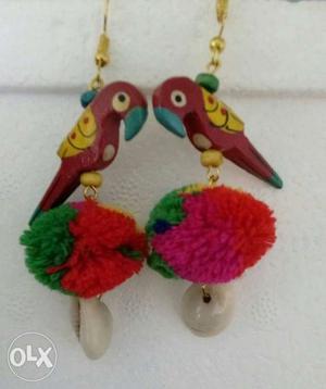 Red, Yellow, And Green Bird Drop Hook Earrings
