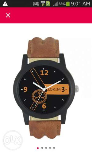 Round Black Lorem Chronograph Watch With Brown Leather Band