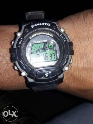 Round Black Sonata Digital Watch With Black Rubber Strap