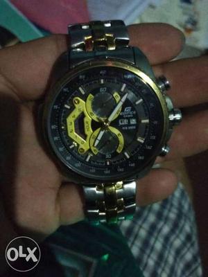 Round Gold Edifice Chronograph Watch With Silver Link