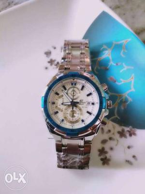 Round Teal And Silver Chronograph Watch With Link Strap