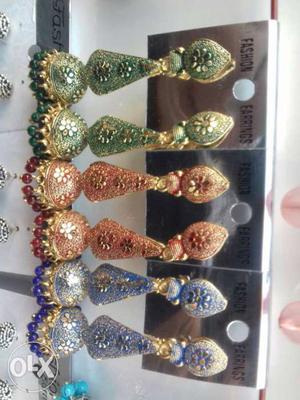 Three Pair Of Green, Red, And Blue Jhumkas