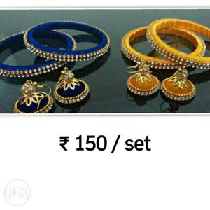 Two Blue And Two Yellow Silk Thread Bangles; Two Blue And
