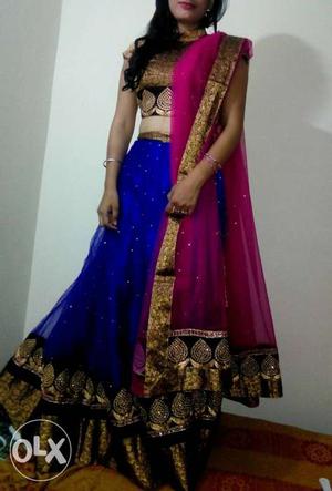 Women's Brown,royal Blue, And Pink lehnga party wear