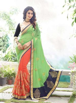 Women's Green And Orange Sari
