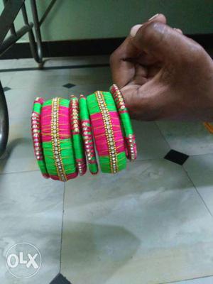 Women's Green Diamond And Pink Bangle Bracelets