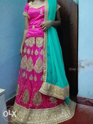 Women's Pink And Teal Sari
