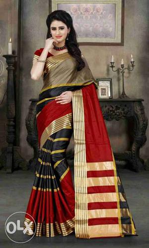 Women's Red, Black And Gold Sari