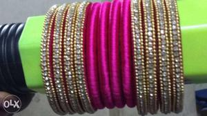 Women's Silver And Pink Silk Thread Bangles
