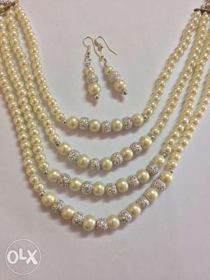 Women's White Pearl Beaded Necklace And Pair Of Earrings