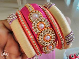 Beige And Pink Thread Bangles