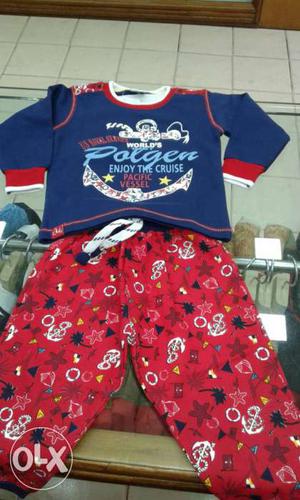 Children's Blue Long-sleeve Shirt And Red Pants