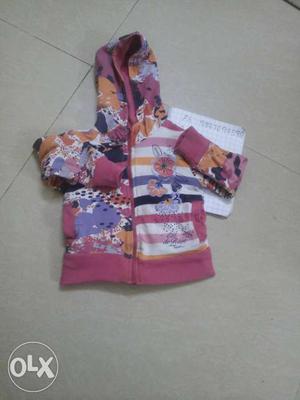Girl's Pink., White And Blue Floral Full-zip Hoodie