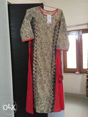 New Grey And Red Long-sleeved Kurti