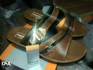 Pair Of Brown Leather Slide Sandals