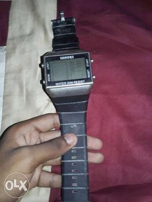 Rectangular Black Digital Watch With Black Rubber Straps