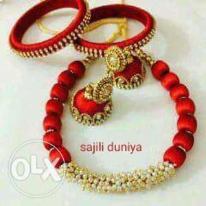 Red And Gold Jhumka And Thread Bangles