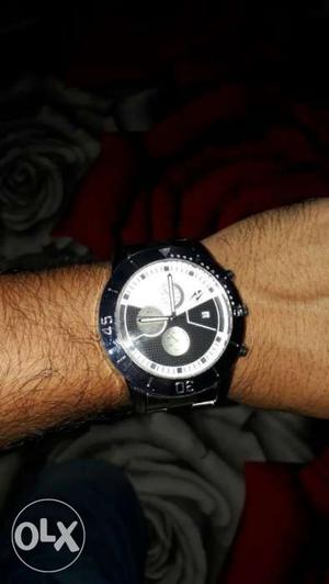 Round Black And White Chronograph Watch With Black Strap
