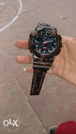 Round Black Casio G-shock Digital Watch With Brown Rubber