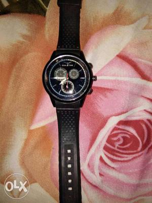 Round Black Face Chronograph Watch With Black Rubber Strap