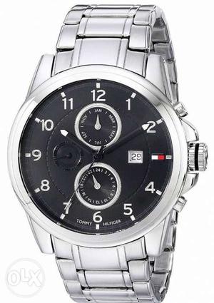 Round Black Tommy Hilfiger Chronograph Watch With Silver