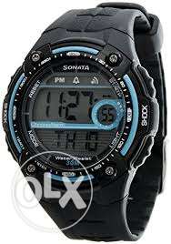 Round Blue And Black Digital Watch With Rubber Straps
