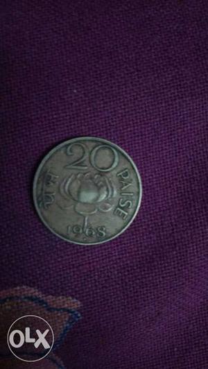 Round Silver 20 Indian Paise Coin