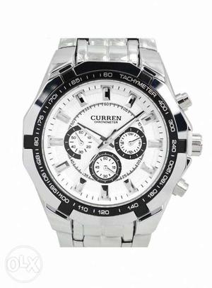 Round Silver And White Curren Chronograph Watch With Link