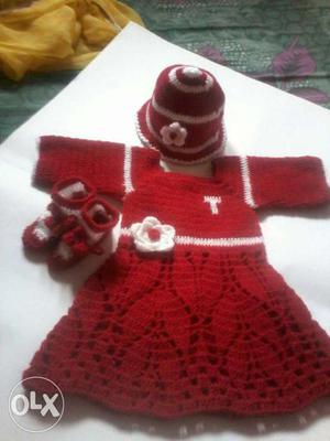 Toddler's Knitted Red Dress, Cap, And Shoes
